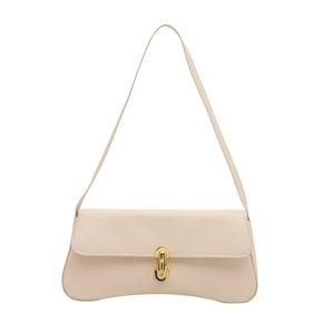 Minimalist beige underarm bag with unique curved base and gold U-shaped metal buckle
