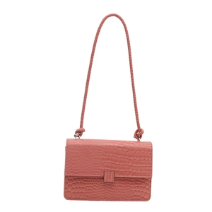Minimalist coral pink crocodile embossed leather handbag with elegant knot strap