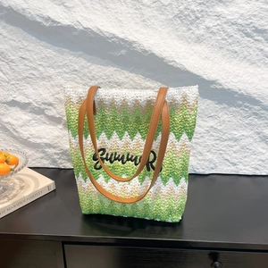 Woven straw summer tote bag with green wave stripes and Summer embroidery detail
