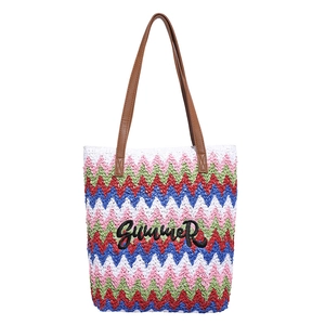 Colorful striped woven summer tote bag with leather handles and Summer embroidery