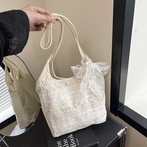 Sac À Épaule En Dentelle Crochetée Évidée Pour Femmes Fourre-Tout Sous L'Aisselle Nœud Doux Style Coréen Vacances Été