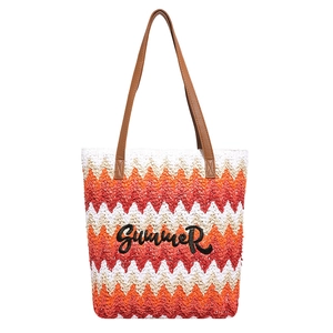 Women's handmade straw shoulder bag with colorful wave patterns and SUMMER embroidery