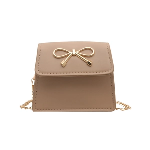 Mini beige faux leather crossbody bag with elegant gold bow metal buckle and chain strap