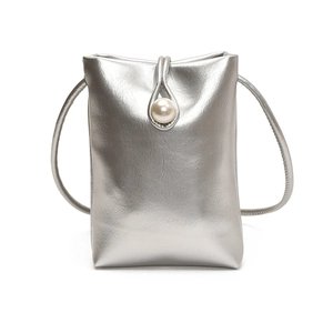 Silver metallic mini phone bag with a pearl buckle and slim shoulder strap