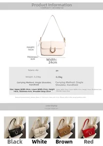 Size guide for retro baguette shoulder bag showing dimensions and stylish color options