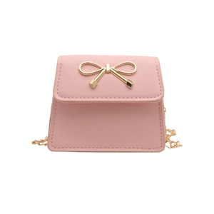 Chic pink PU leather mini crossbody bag with gold bow clasp and elegant chain strap