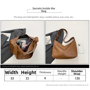Size chart showing large brown leather tote bag dimensions 33x22x9cm for commuting
