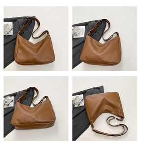 Detailed four-angle views of large brown hobo tote bag with grainy leather texture