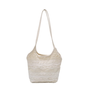 Boho white lace crochet tote bag with hollow wave patterns for summer beach vacations