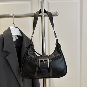Vintage black PU leather crescent underarm bag with decorative metal buckles and zippers