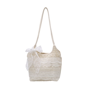 Off-white lace shoulder bag with exquisite layered mesh and large ribbon bow detail