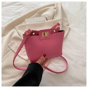 Détail de la texture rose litchi et de la boucle en métal doré sur le sac à bandoulière