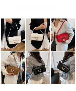 Collage of chic patent leather underarm bags with U-shaped metal buckle in four colors