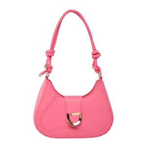 Pink crescent hobo bag with gold D-ring buckle and knotted shoulder strap details