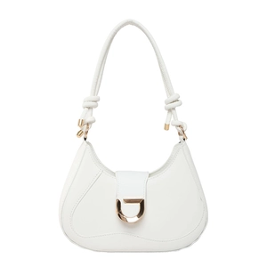 Sac à bandoulière demi-lune blanc avec boucle D dorée et détails de nœuds