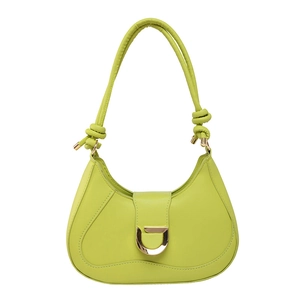 Light green crescent underarm bag with gold D-ring hardware and knotted strap details