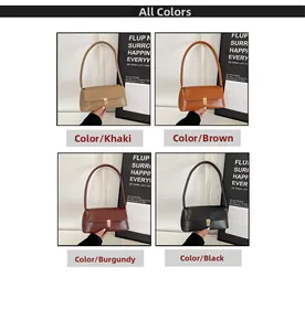 Collage of glossy PU leather baguette bags in khaki, tan, burgundy, and black finishes
