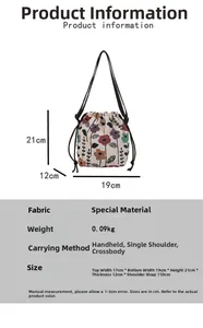 Detailed size specifications of a floral bucket bag with measurements and strap length