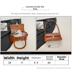 Size chart showing 24cm width baguette bag and interior capacity for mobile phone