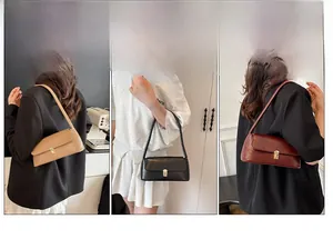 Three elegant leather baguette bags in brown, black, and burgundy with gold buckles