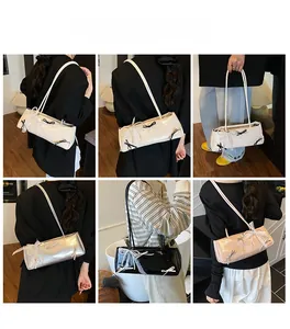 Detail view of stylish pillow bag with pearl chain and bow in multiple colors and poses