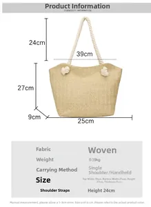 Size guide for large woven straw tote bag with shoulder strap measurements and dimensions