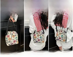 Detailed views of beige canvas bucket bag featuring colorful floral embroidery and strap options