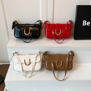 Women Glossy PU Leather Underarm Bag Vintage Horseshoe Buckle Shoulder Handbag Trendy Flap Crossbody Bag For Daily Use