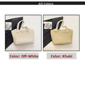 Detail of woven straw tote bags in beige and khaki with knotted rope handles