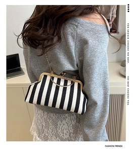 Detail of a black and white striped clasp bag with gold metal handle and chain strap