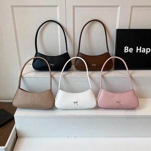 Bow Underarm Bag PU Leather Crescent Shoulder Baguette Handbag French Sweet Minimalist Design Women Daily