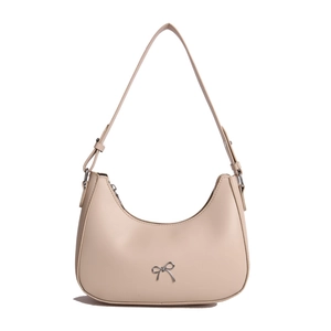 Minimalistische beige halve maan schoudertas met zilveren strik en ritssluiting