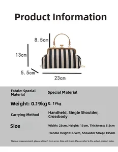 Detailed size chart for striped shell bag showing dimensions 23x13x5.5cm and strap length