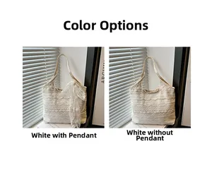 Detail comparison of white lace tote bags with and without decorative bow pendants