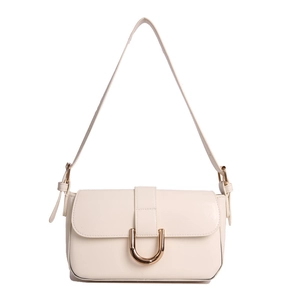 Minimalist cream white baguette shoulder bag with gold D-buckle and adjustable strap