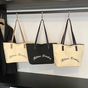 Minimalist Large Capacity Women Tote Bag Canvas With PU Leather Strap Letter Print Casual Shoulder Handbag