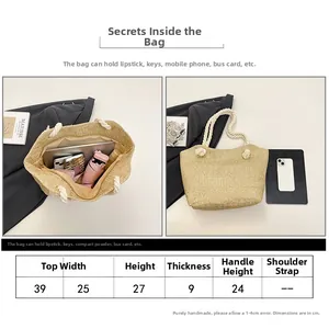 Detailed size chart for large woven straw tote bag with capacity measurements