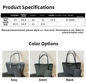 Detailed size chart showing dimensions for the quilted tote bag and matching mini pouch