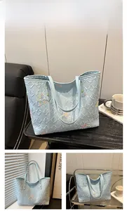 Dettaglio della borsa tote azzurra con trapuntatura a rombi e ricamo farfalla colorata