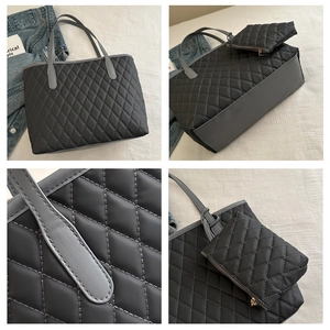 Detailed views of the grey quilted tote bag with matching zippered pouch and soft leather straps