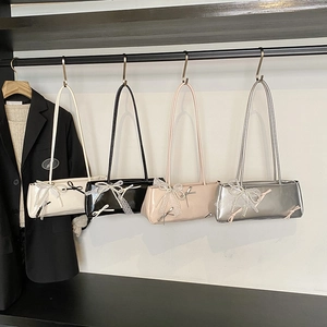 Women Underarm Shoulder Bag Sweet Bow Decor PU Leather Korean Style Rectangular Axillary Handbag With Artificial Pearl Lace Ribbon