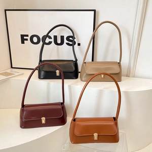 Retro PU Leather Baguette Bag For Women With Gold Metal Lock Solid Color Underarm Shoulder Bag Minimalist Fashion Handbag
