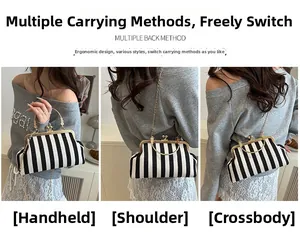 Detailed views of a black and white striped woven bag showing handbag and crossbody styles
