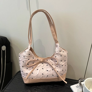 Borsa Tote Trapuntata Dolce con Fiocco Grande Capacità Borsa a Tracolla Ricamo Motivo a Fiocco Moda Pendolare Donna