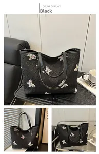 Dettaglio della borsa tote trapuntata nera con ricami di farfalle colorate e manici in pelle