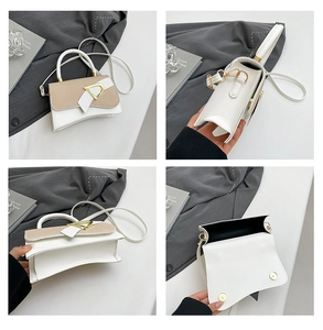 Detailed views of a minimalist two-tone handbag with gold D-buckle and curved base