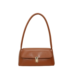 Classic caramel brown baguette bag with golden metal buckle and long shoulder strap