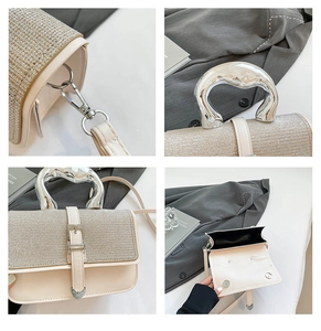 Detail of tweed and leather handbag with a unique liquid silver metal top handle