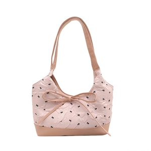 Borsa tote rosa con ricami di fiocchi neri e grande fiocco decorativo per donna