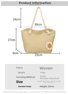 Detailed size chart for woven sunflower tote bag with precise measurements and weight
